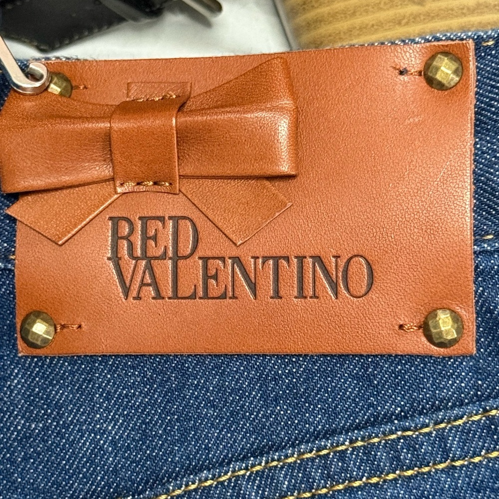 RED Valentino Blue Denim Jeans with Brown Leather Logo Patch